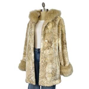 Vintage Nuage Collection Cream Faux Fur Hooded Coat Tiger Print 90s Cozy Glam L